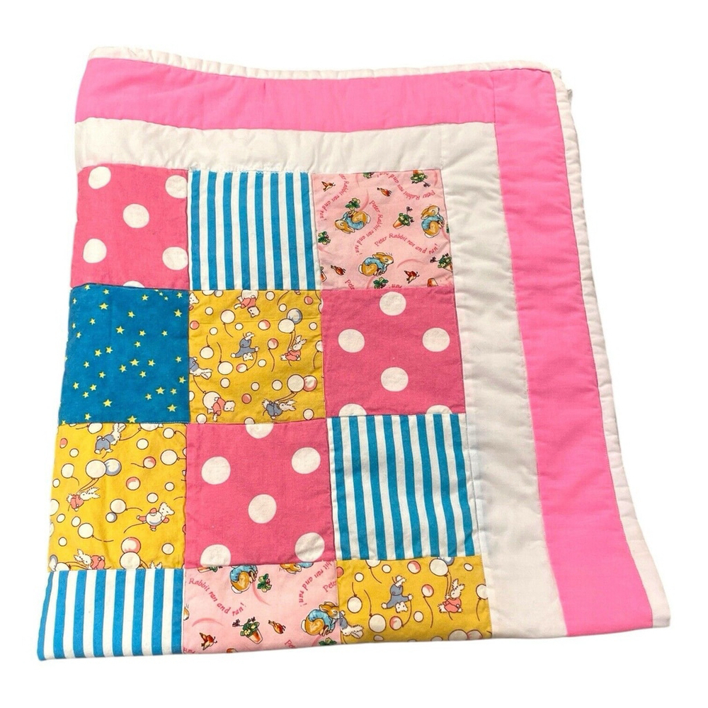 Handmade Baby Quilt Peter Rabbit Patchwork Blanket Bunnies Star Polka Dots 30x35 - Picture 4 of 9